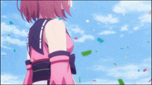 a girl in a pink dress is standing in front of a blue sky