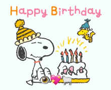 snoopy and woodstock are celebrating a birthday with a cake