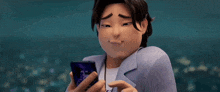 a cartoon character is looking at his cell phone