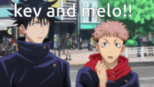 a couple of anime characters standing next to each other with the words key and melo