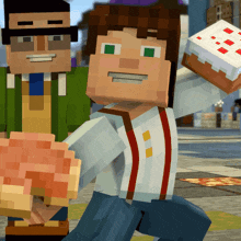 a minecraft character holding a piece of cake in his hand