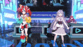 two anime girls are standing in front of a sign that says " react the call & response ver of bit "