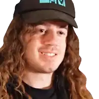 a man with long curly hair wearing a black hat with the letter m on it