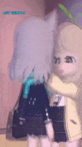 a cartoon girl is hugging another girl in a room .