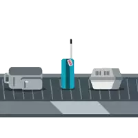 a dog in a cage is on a conveyor belt with luggage labeled bar