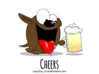 a cartoon of a dog holding a mug of beer with the word cheers written below it