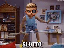 a little boy is holding a stick with the word slotto on it