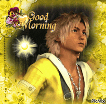 a picture of a man with the words good morning above him