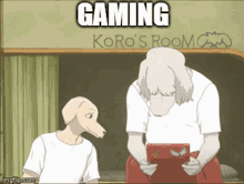 a man and a dog are standing in front of a sign that says " gaming "