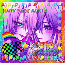 a happy pride month greeting card with a couple of anime girls