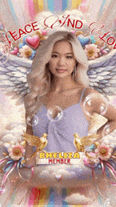 a picture of a woman with angel wings and the words peace and love on it