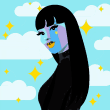 an illustration of a woman with long black hair and a blue face