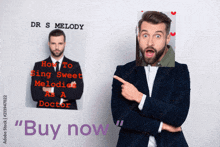 a man in a suit is pointing to a poster that says " buy now "