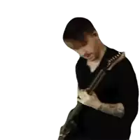 a man in a black shirt is playing a guitar on a white background