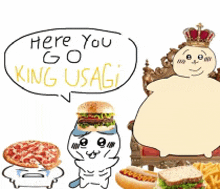 a cartoon of a king usagi sitting on a throne with a speech bubble saying here you go king usagi