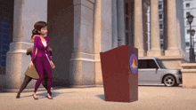 a woman in a purple suit stands in front of a podium with a car parked in front of it