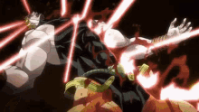 dio from jojo 's bizarre adventure is being attacked by a bunch of red lasers .