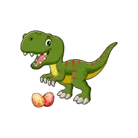 a cartoon t-rex is standing next to two eggs .