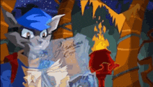 a cartoon cat with a blue hat is holding a torch ..