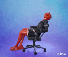 a woman with red hair is sitting in an office chair with a purple background