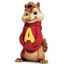 a chipmunk wearing a red hoodie with a yellow letter a on it
