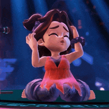 a cartoon character is sitting on the floor with her eyes closed and her hands on her head