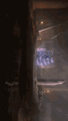 a painting of a dark room with a purple light coming out of the ceiling