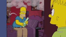 homer simpson is sitting on a bed with a bong in his hand