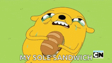 a cartoon character is crying while eating a sandwich with the words my sole sandwich cn on the bottom