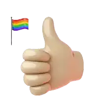 a hand giving a thumbs up with a rainbow flag in the background