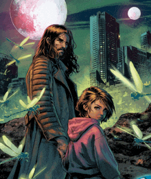 a man and a girl standing next to each other in front of a city