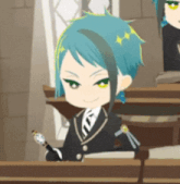 a cartoon character with blue hair is sitting at a desk