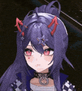 a girl with purple hair has a star on her forehead and red horns