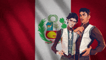 a couple of men standing in front of a flag of peru