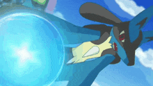 a cartoon character is flying through the air with a blue light behind him .