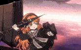 a girl with red hair is holding a sword