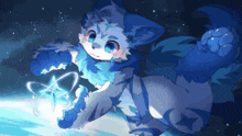 a drawing of a blue and white animal with a star on its head