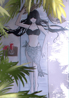 a black and white drawing of a woman in a bikini and a sarong