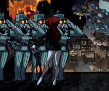 a cartoon of a woman holding an umbrella standing in front of a group of soldiers wearing gas masks