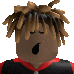 a roblox character with dreadlocks and a red shirt is yawning and looking at the camera .