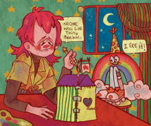 a cartoon drawing of a girl with a sticky note that says " noone will like this "