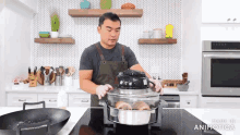 a man in an apron is cooking on a stove with the words made in animatica on the bottom of the screen