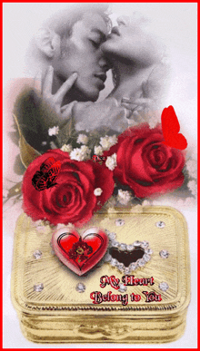 a picture of a man and woman kissing with roses and a box that says my heart belong to you