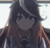 a close up of a anime girl with long hair wearing a purple shirt and tie .