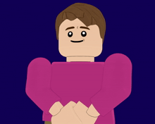 a lego man in a pink shirt is smiling with his arms crossed