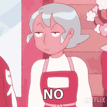 a cartoon character wearing an apron with the word no on it