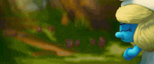 a smurf with blonde hair and a blue nose is standing in the grass