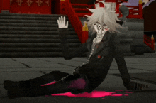 a cartoon character is laying on the ground with a pink liquid coming out of his mouth