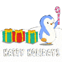 a penguin is holding a candy cane in front of gifts and the words happy holidays below it