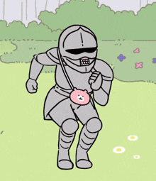 a cartoon of a knight in armor holding a pink purse